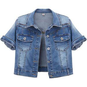 Women's Cotton Spandex Short Sleeve Crop Denim Trucker Jacket Summer Casual